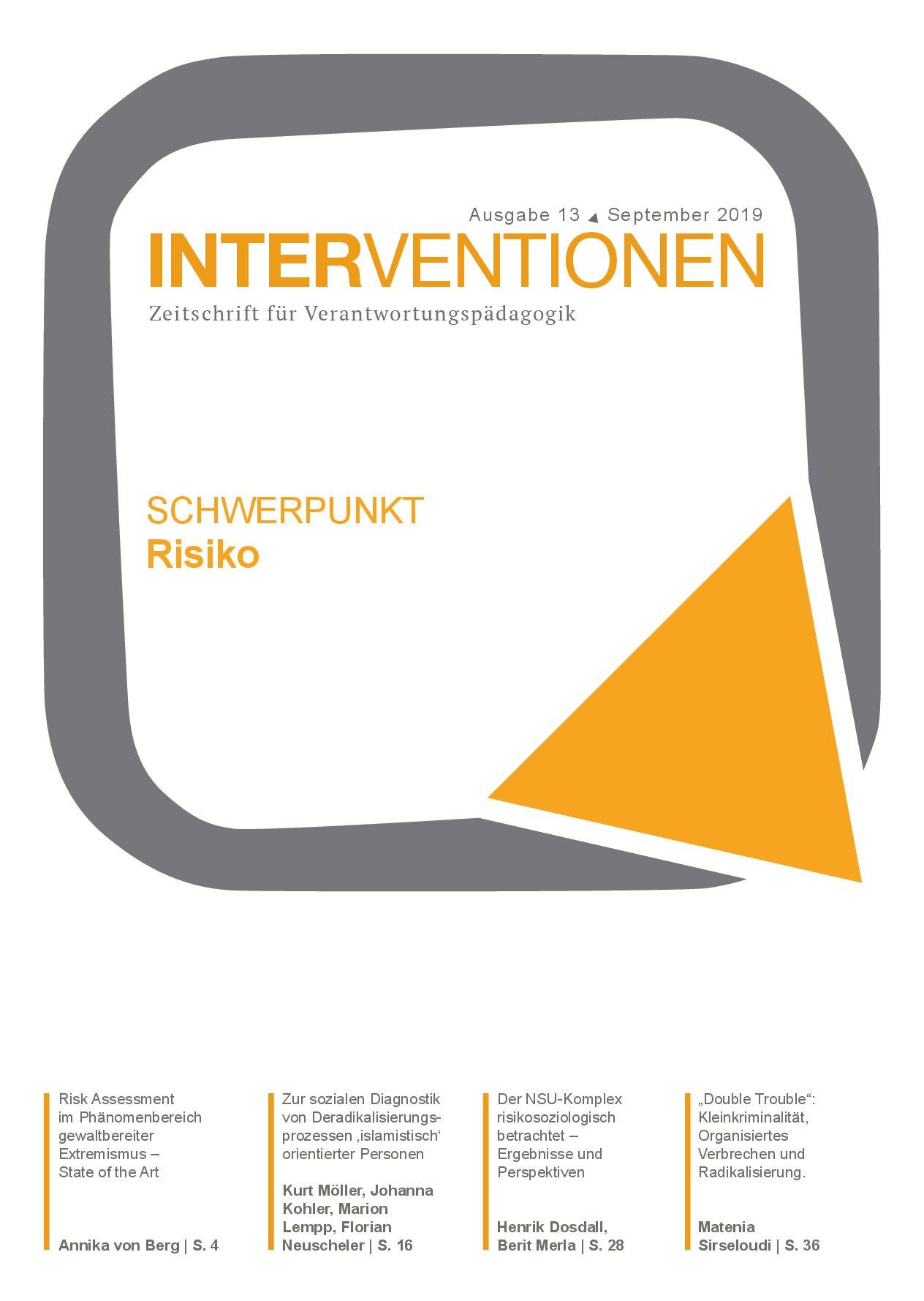 Cover von Interventionen. Zeitschrift für Verantwortungspädagogik. Ausgabe 13. September 2019. Schwerpunkt Risiko