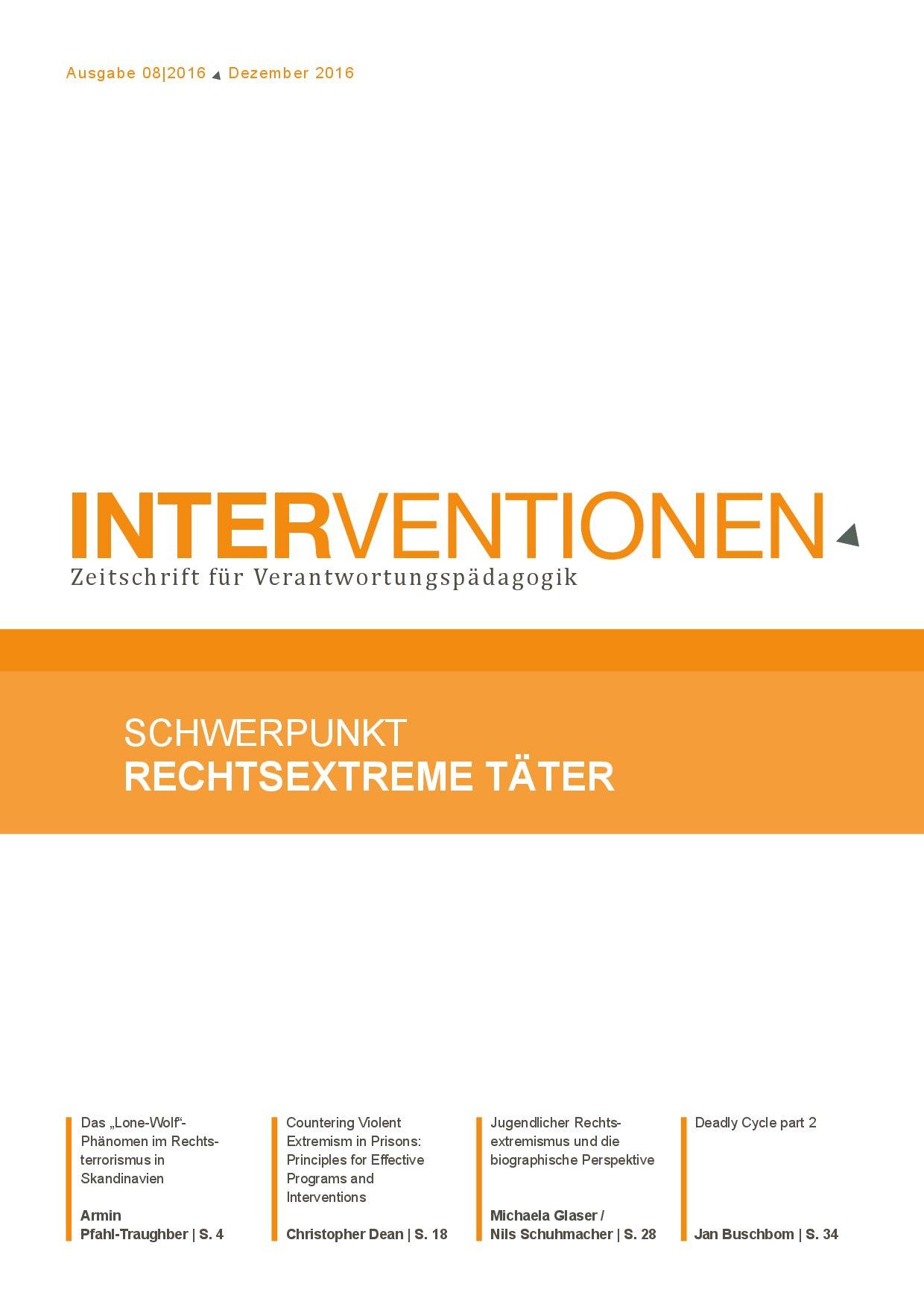 Cover von Interventionen Zeitschrift für Verantwortungspädagogik. Ausgabe 08/2016 Schwerpunkt Rechtsextreme Täter