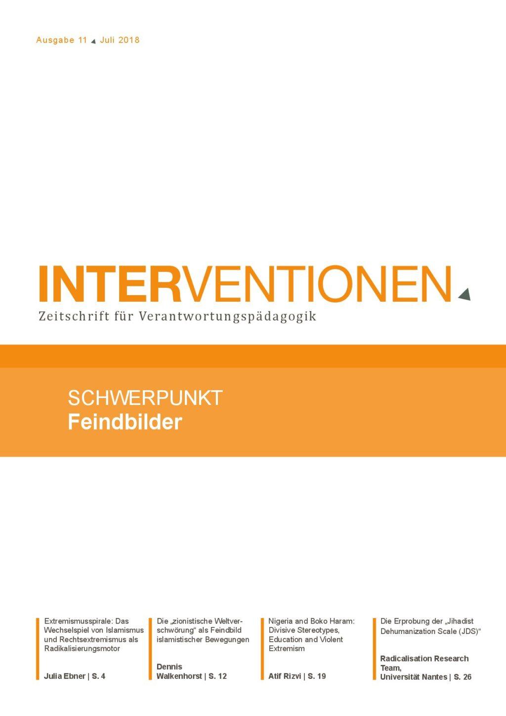 Cover von INTERVENTIONEN, Zeitschrift für Verantwortungspädagogik. Ausgabe 11. Juli 2018. Schwerpunkt Feindbilder