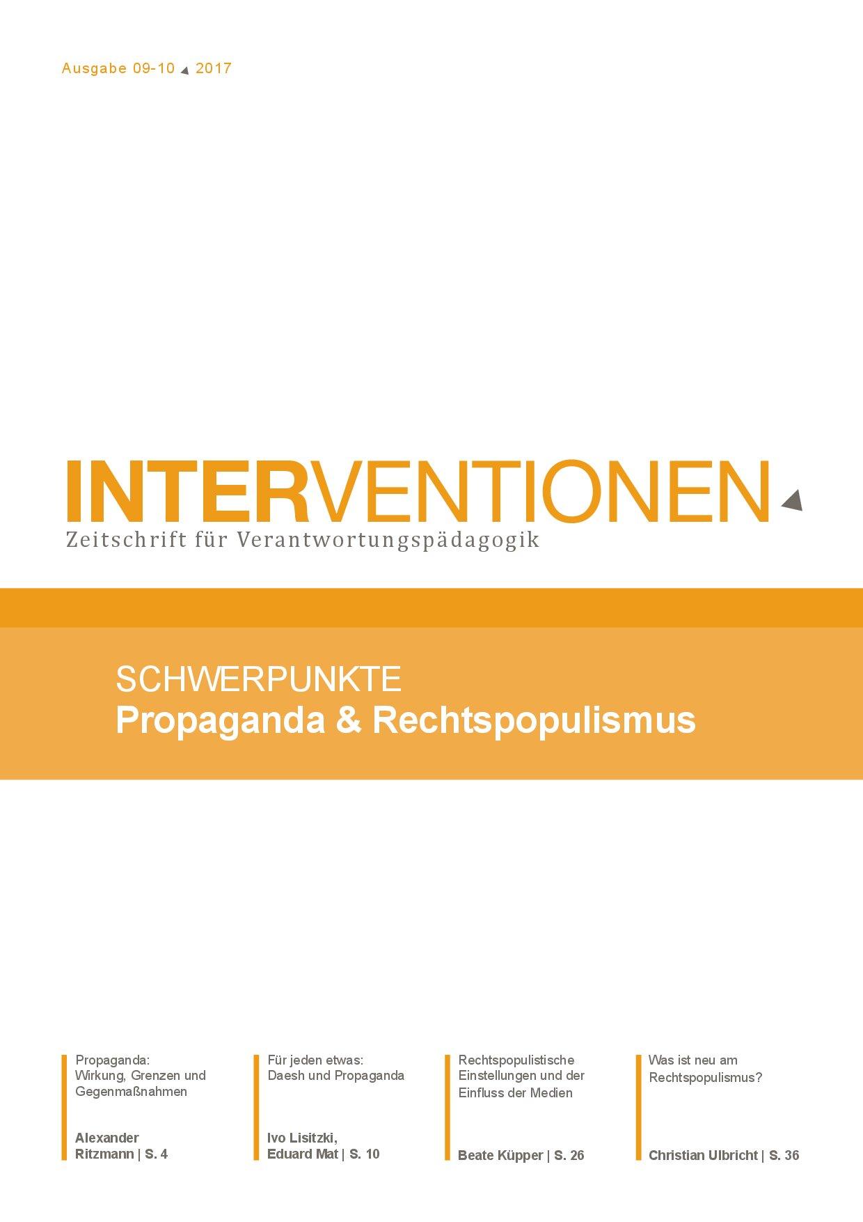 Cover von Interventionen. Zeitschrift für Verantwortungspädagogik. Ausgabe 9-10/2017. Schwerpunkt Propaganda & Rechtspopulismus