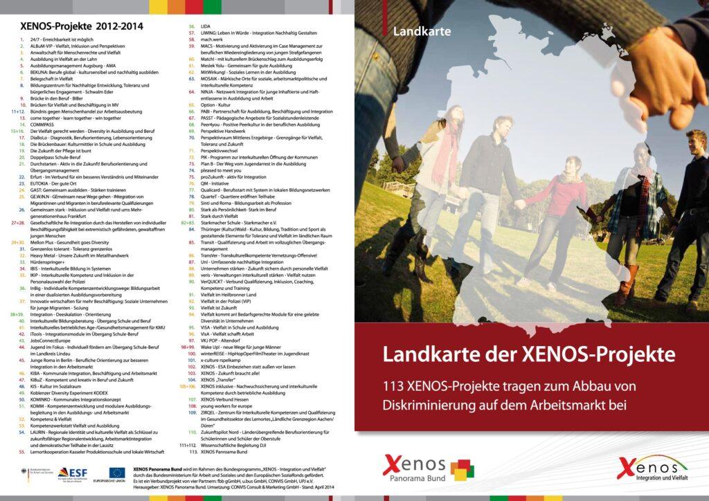 Cover von Landkarte der XENOS-Projekte. 113 XENOS-Projekte tragen zum Abbau von Diskriminierung auf dem Arbeitsmarkt bei