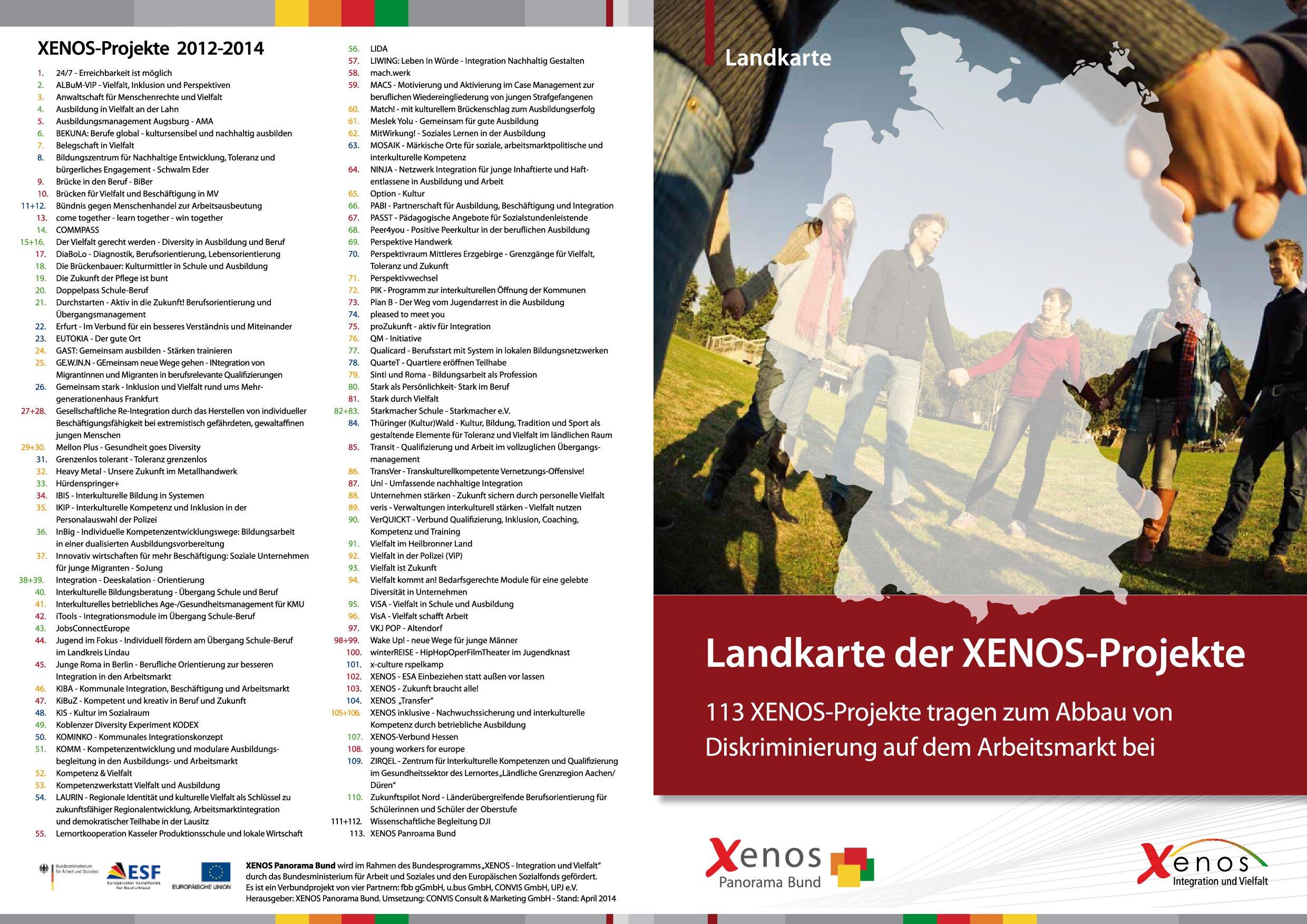 Cover von Landkarte der XENOS-Projekte. 113 XENOS-Projekte tragen zum Abbau von Diskriminierung auf dem Arbeitsmarkt bei