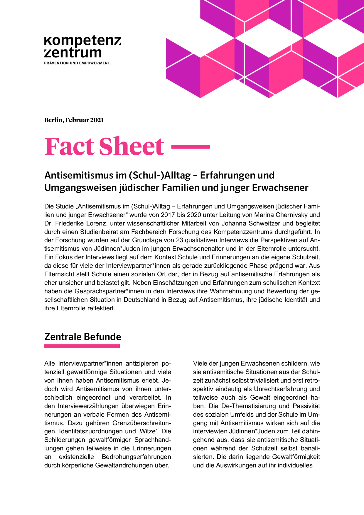 Cover von Fact Sheet – Antisemitismus im (Schul-)Alltag – Erfahrungen und Umgangsweisen jüdischer Familien und junger Erwachsener