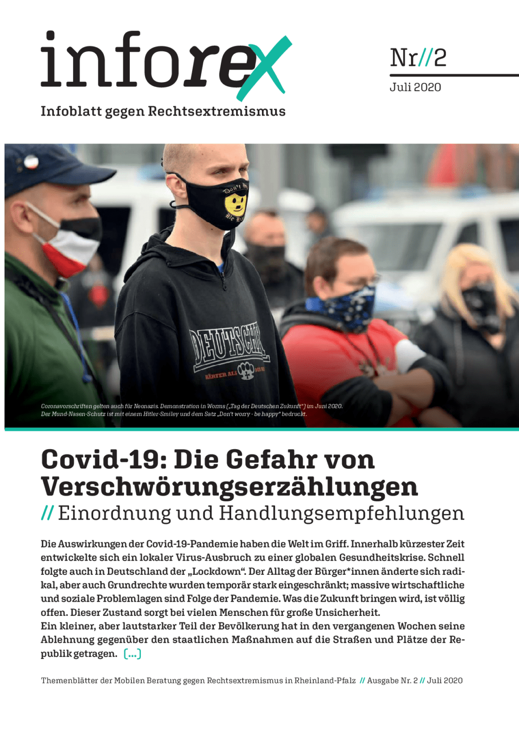 Cover von inforex 2. Infoblatt gegen Rechtsextremismus. Covid-19: Die Gefahr von Verschwörungserzählungen. Einordnung und Handlungsempfehlungen