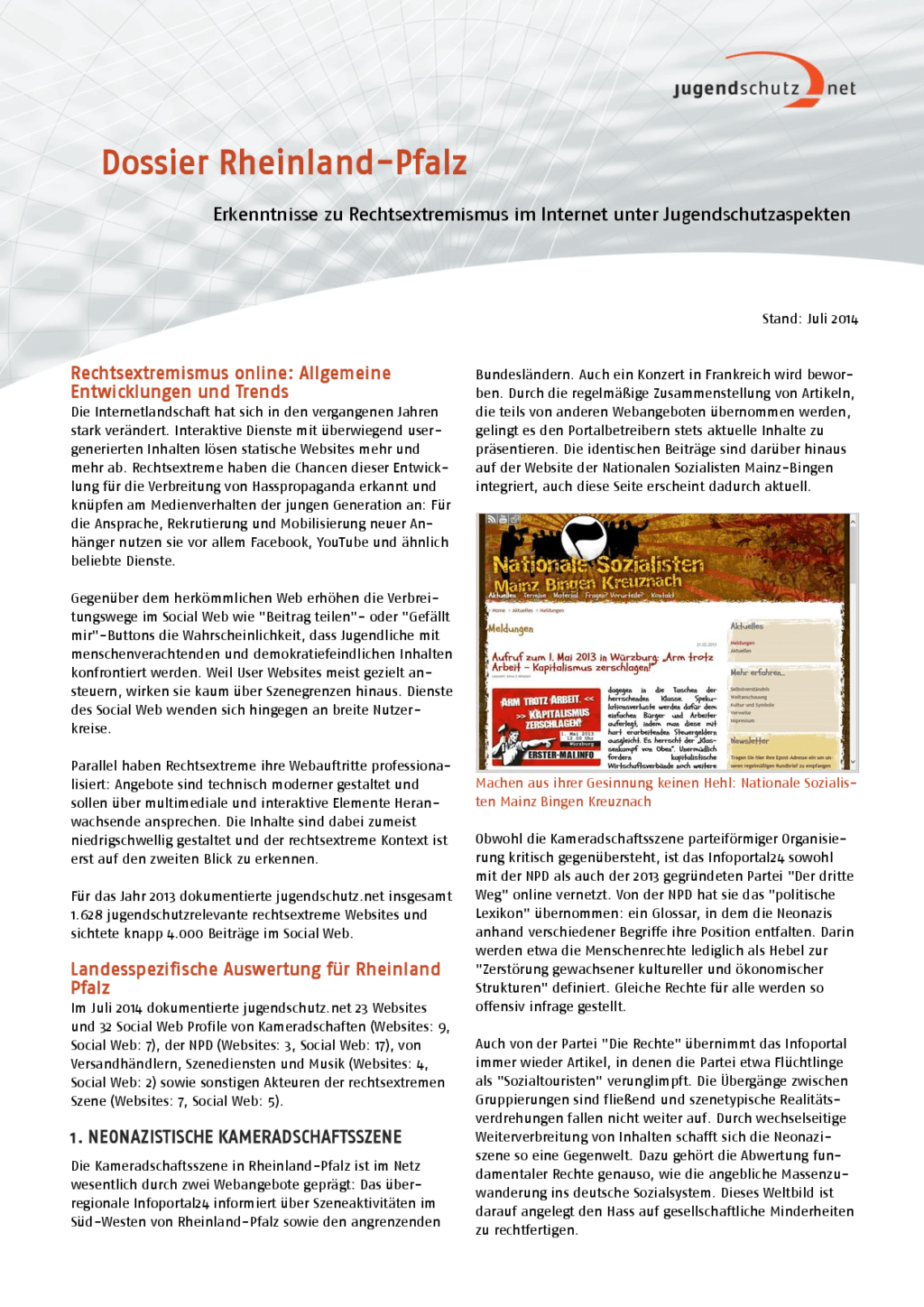 Cover von Erkenntnisse zu Rechtsextremismus im Internet unter Jugendschutzaspekten. Dossier Rheinland-Pfalz