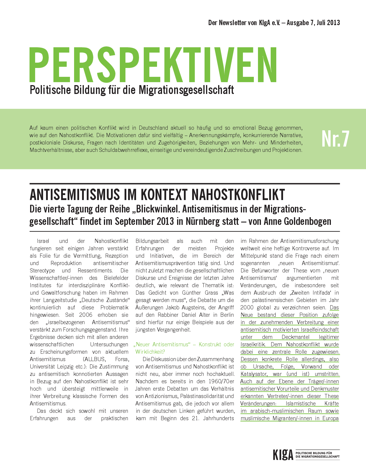 Cover von Perspektiven. Politische Bildung für die Migrationsgesellschaft. Ausgabe 7, Juli 2013
