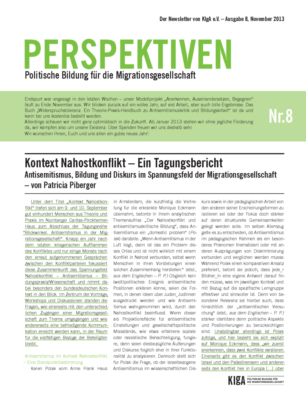 Cover von Perspektiven. Politische Bildung für die Migrationsgesellschaft, Ausgabe 8, November 2013