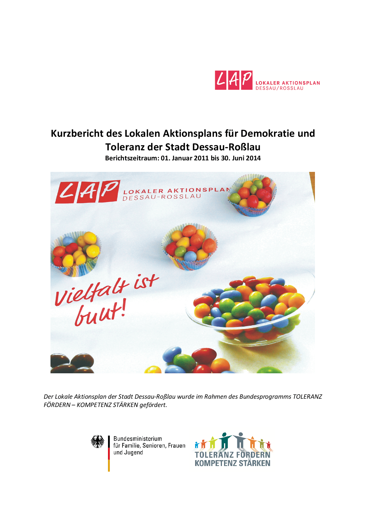 Cover von Kurzbericht des lokalen Aktionsplans für Demokratie und Toleranz der Stadt Dessau-Roßlau. Berichtszeitraum: 01. Januar 2011 bis 30. Juni 2014