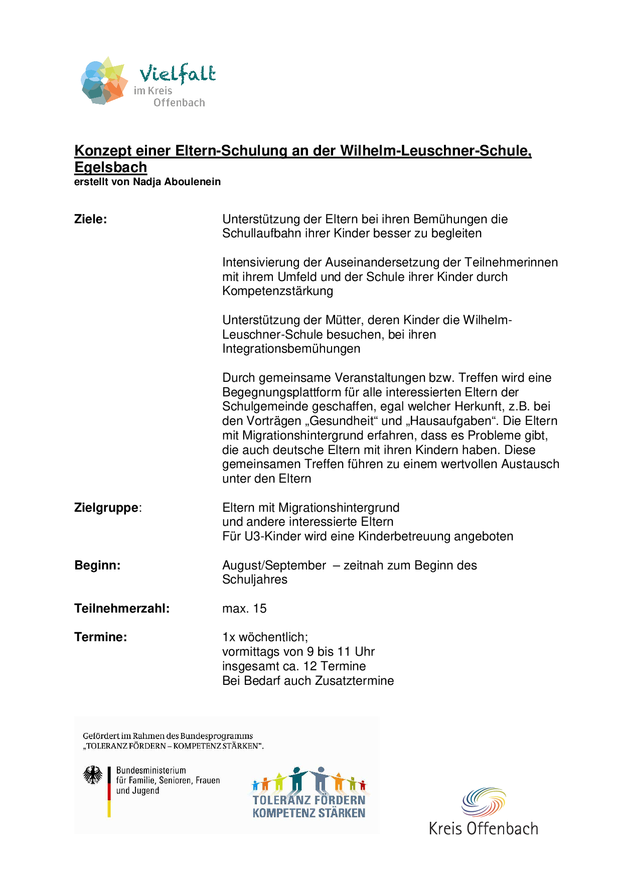 Cover von Konzept einer Eltern-Schulung an der Wilhelm-Leuschner-Schule, Egelsbach