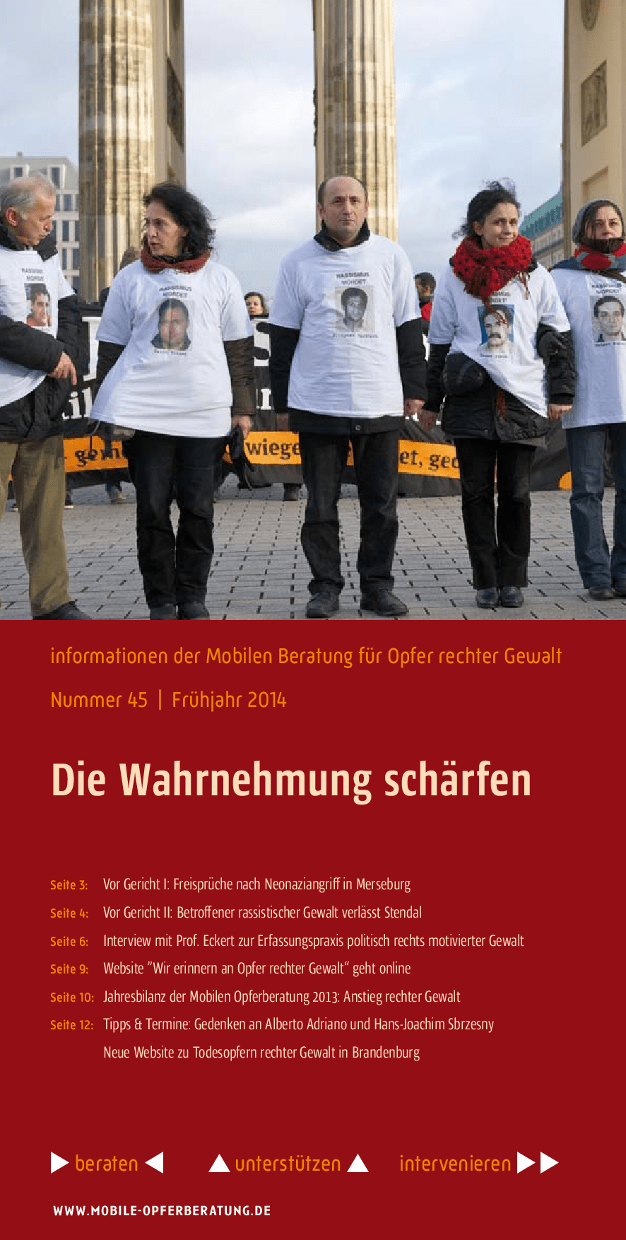 Cover von Informationen der mobilen Beratung für Opfer rechter Gewalt. Nummer 45. Frühjahr 2014: Die Wahrnehmung schärfen