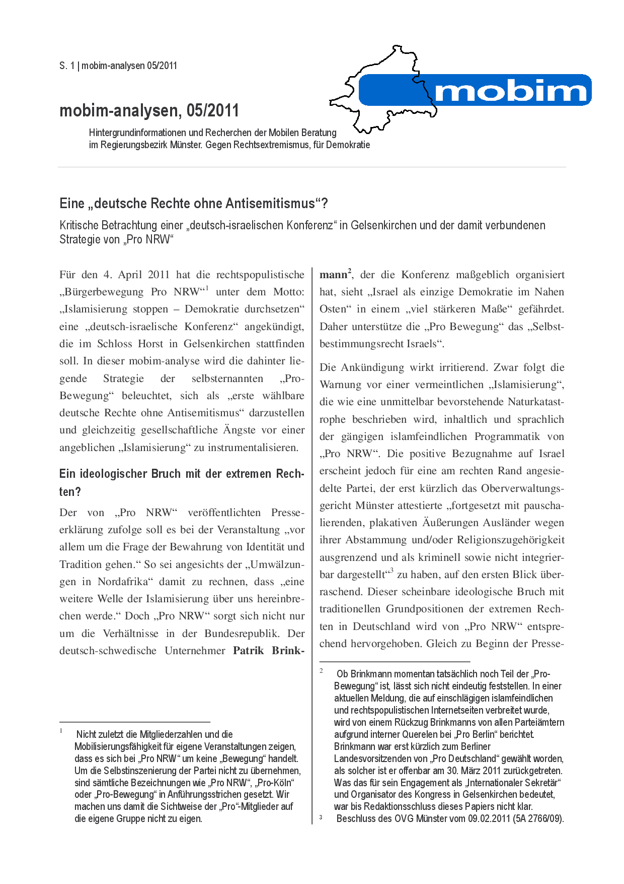Cover von Eine "deutsche Rechte ohne Antisemitismus"? Kritische Betrachtung einer "deutsch-israelischen Konferenz" in Gelsenkirchen und der damit verbundenen Strategie von "Pro NRW". mobim-analysen, 05/2011