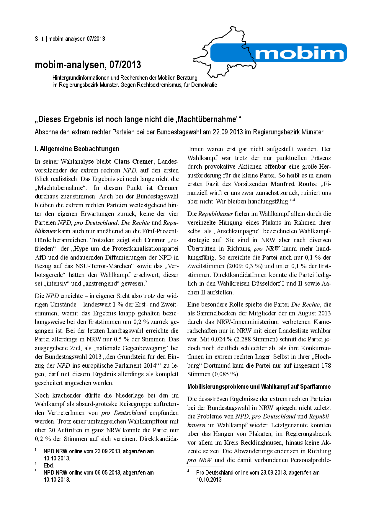 Cover von mobim-analysen, 07/2013 "Dieses Ergebnis ist noch lange nicht die Machtübernahme'" Abschneiden extrem rechter Parteien bei der Bundestagswahl am 22.09.2013 im Regierungsbezirk Münster