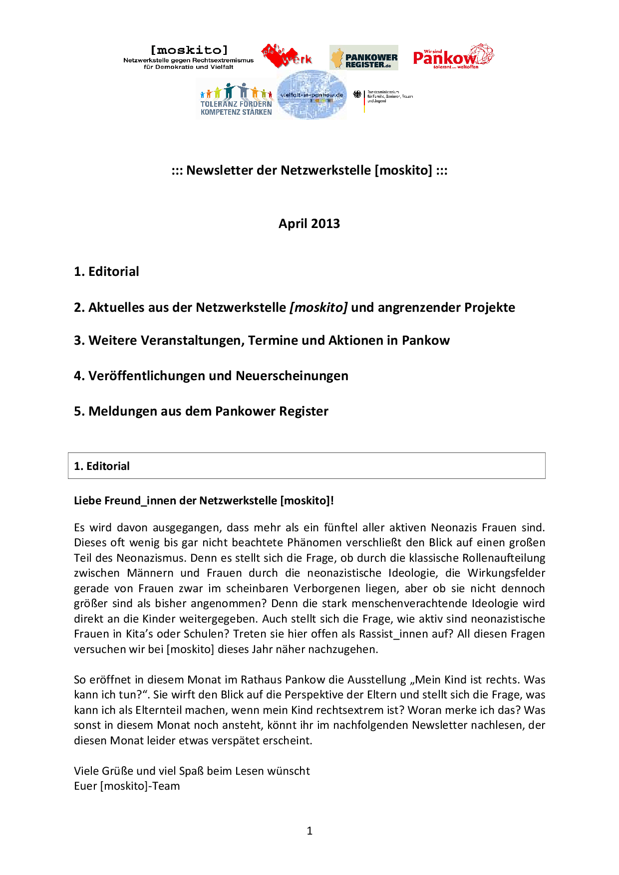 Cover von Newsletter der Netzwerkstelle [moskito]. April 2013