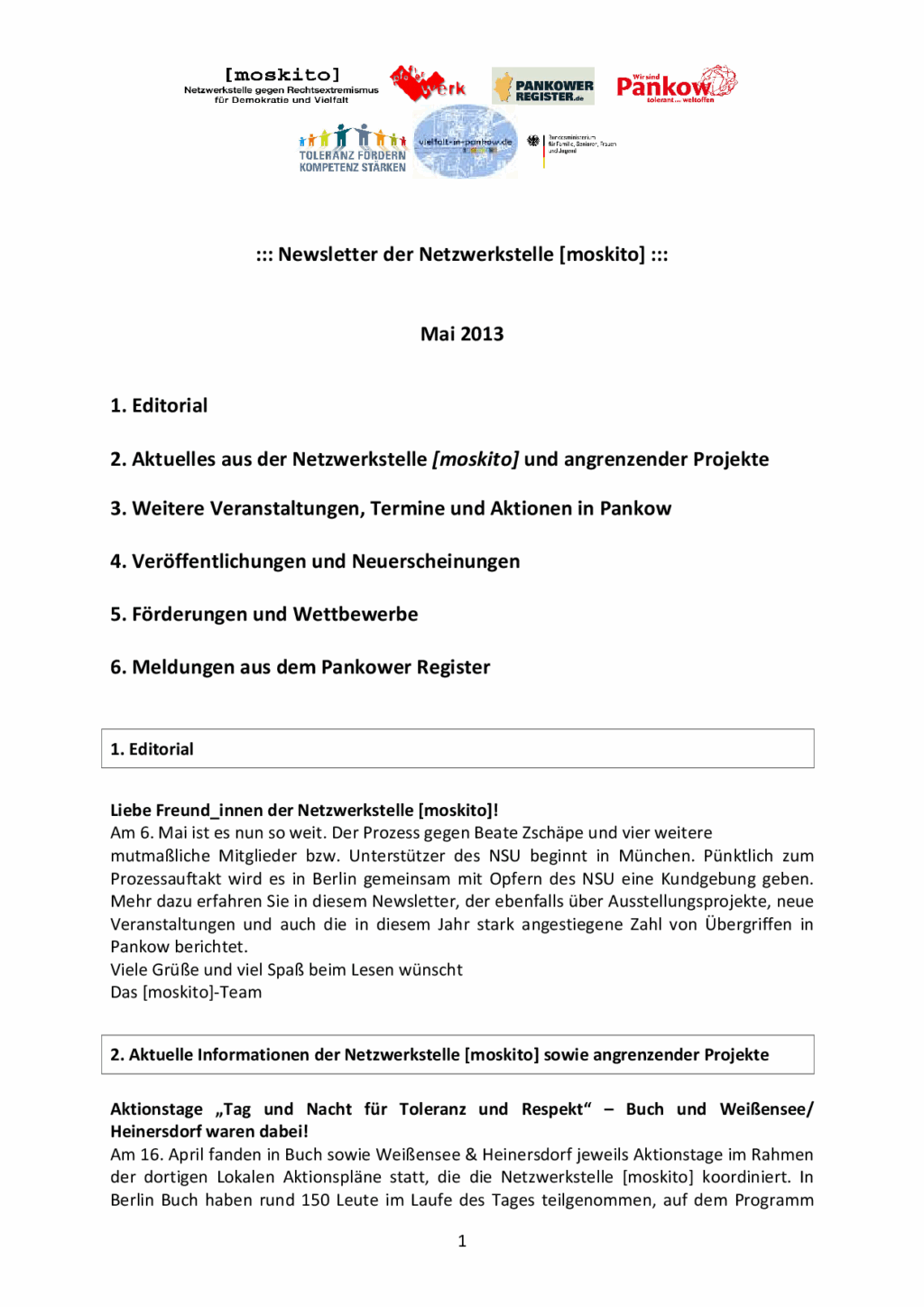 Cover von Newsletter der Netzwerkstelle [moskito]. Mai 2013