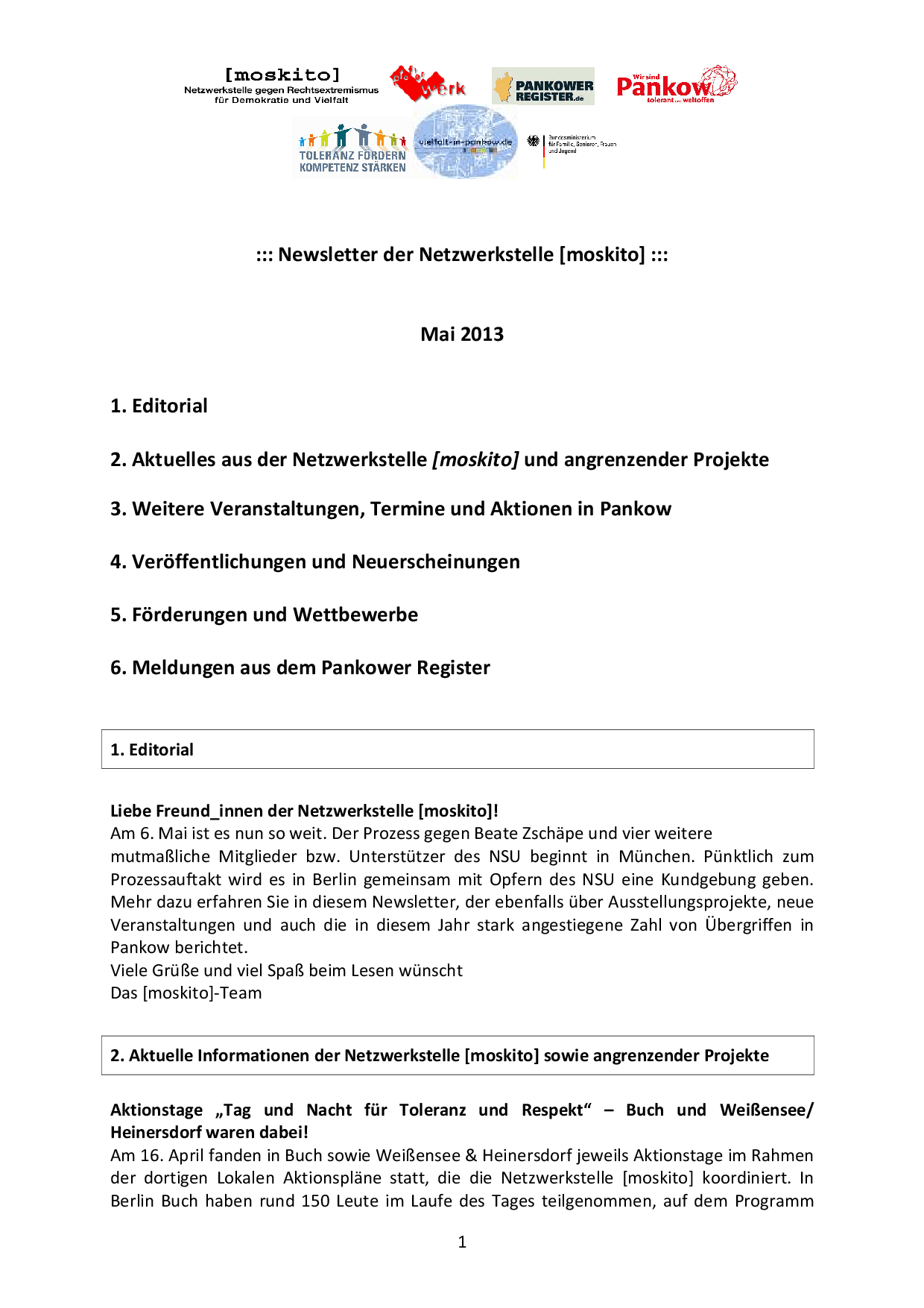 Cover von Newsletter der Netzwerkstelle [moskito]. Mai 2013