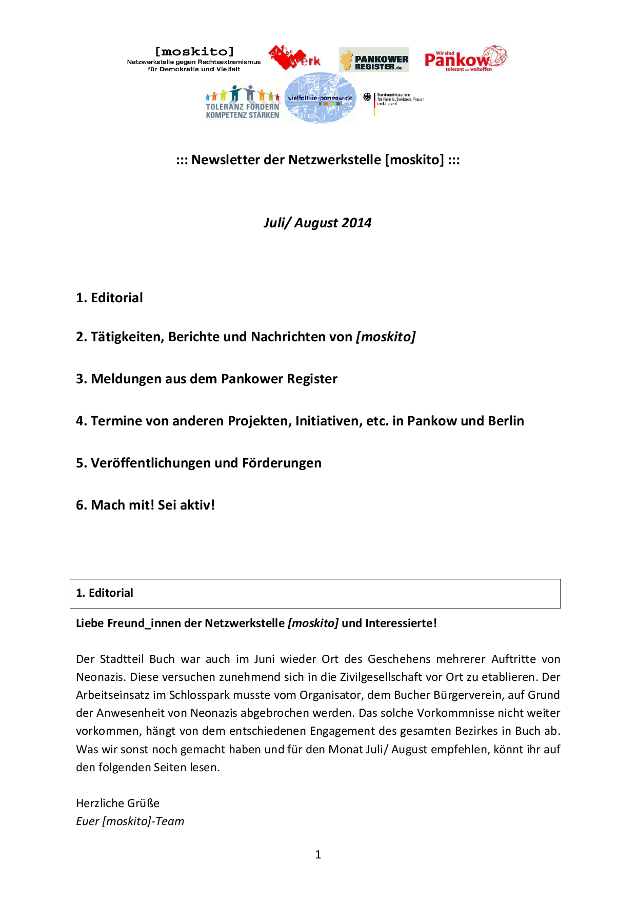 Cover von Newsletter der Netzwerkstelle [moskito]. Juli/August 2014