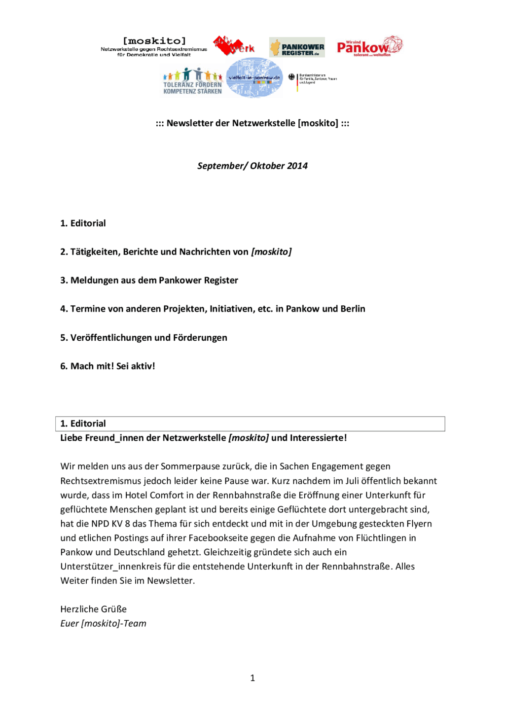 Cover von Newsletter der Netzwerkstelle [moskito]. September/Oktober 2014