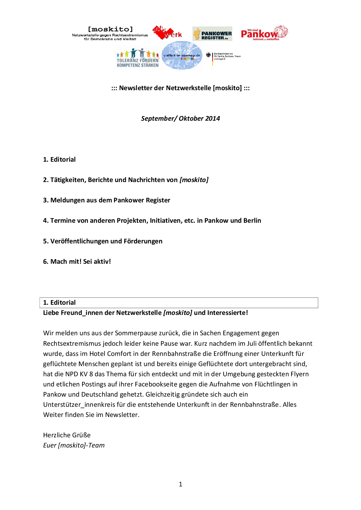 Cover von Newsletter der Netzwerkstelle [moskito]. September/Oktober 2014