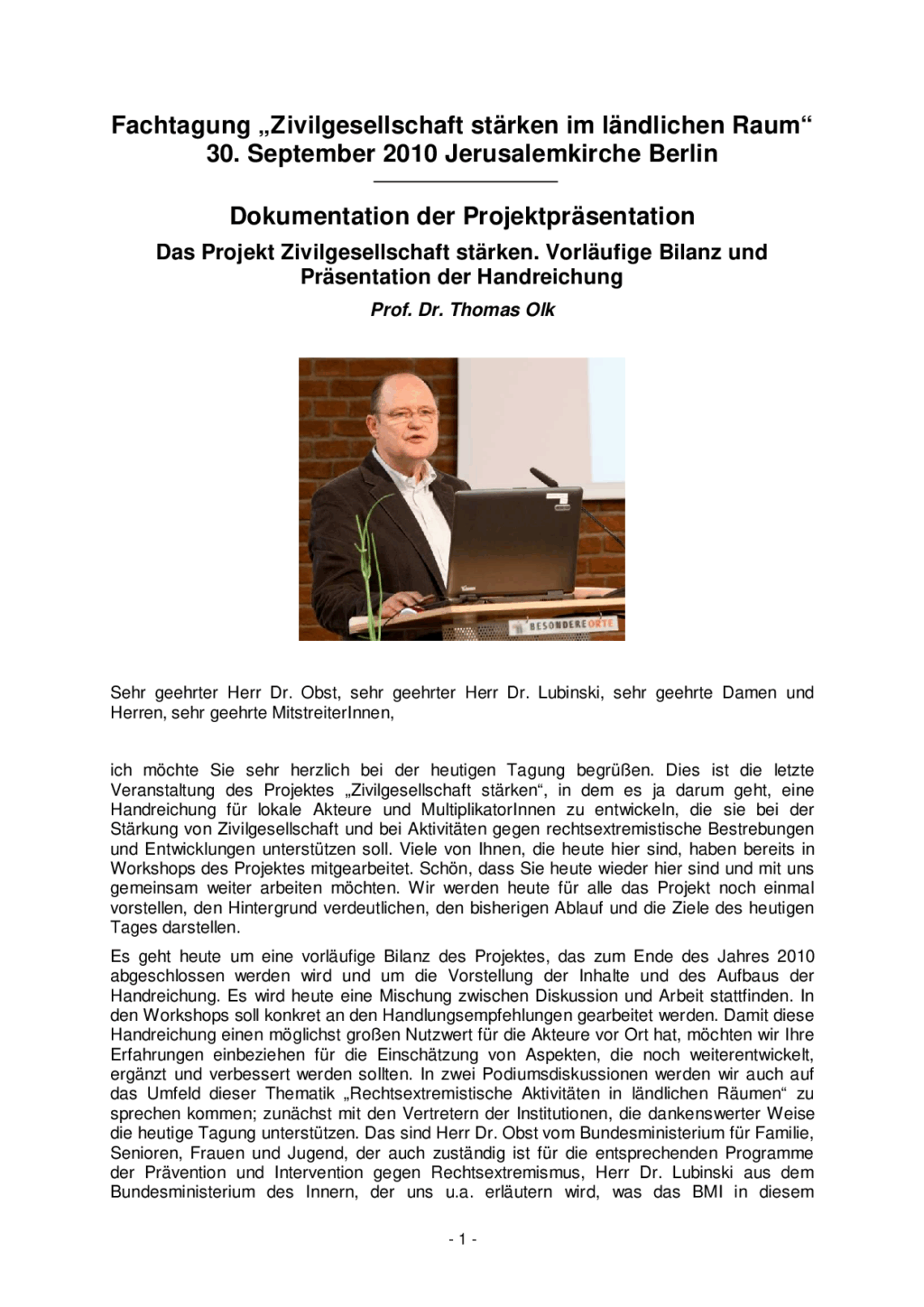 Cover von Fachtagung "Zivilgesellschaft stärken im ländlichen Raum" 30. September 2010 Jerusalemkirche Berlin