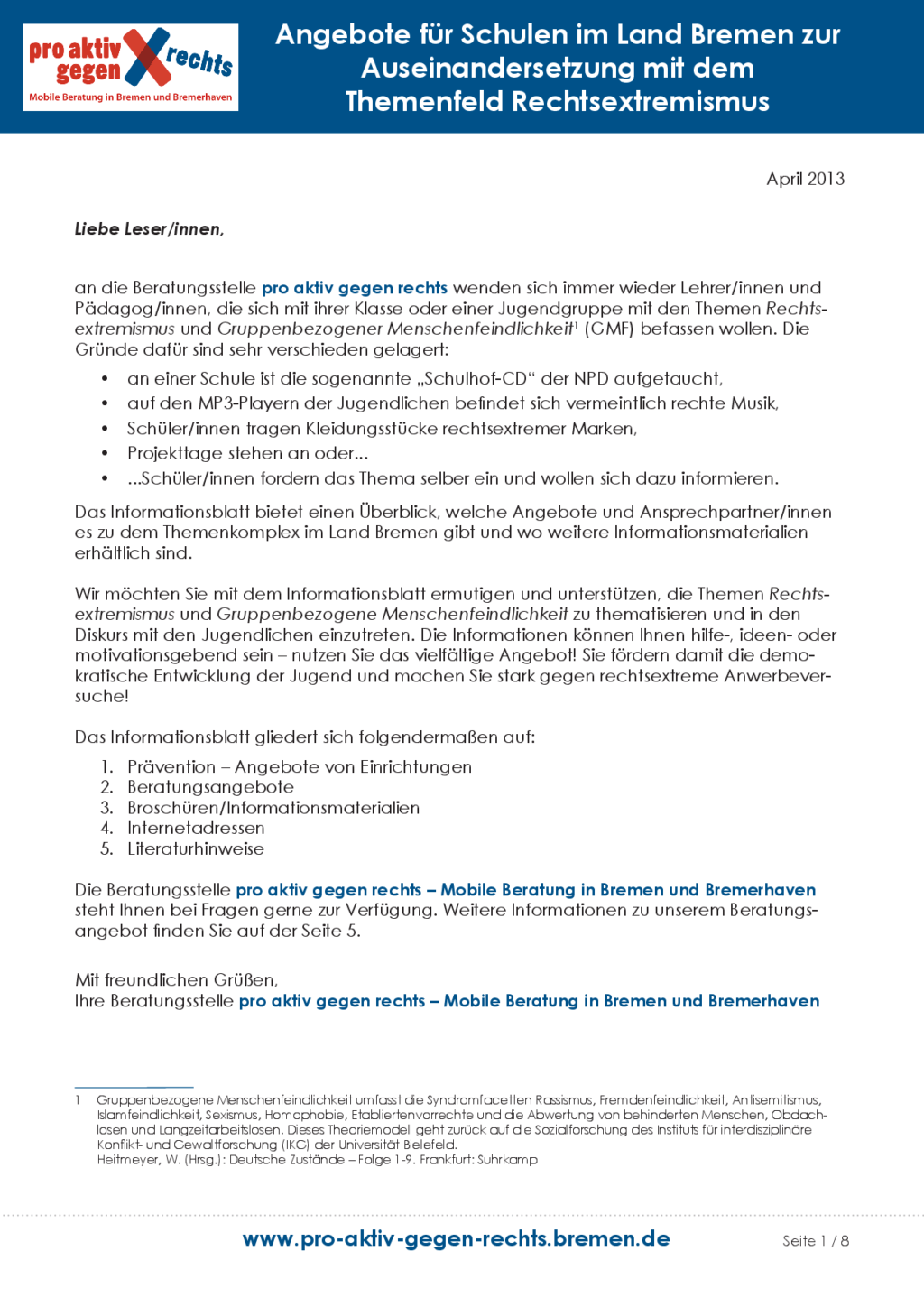 Cover von Angebote für Schulen im Land Bremen zur Auseinandersetzung mit Schüler/innen im Themenfeld Rechtsextremismus