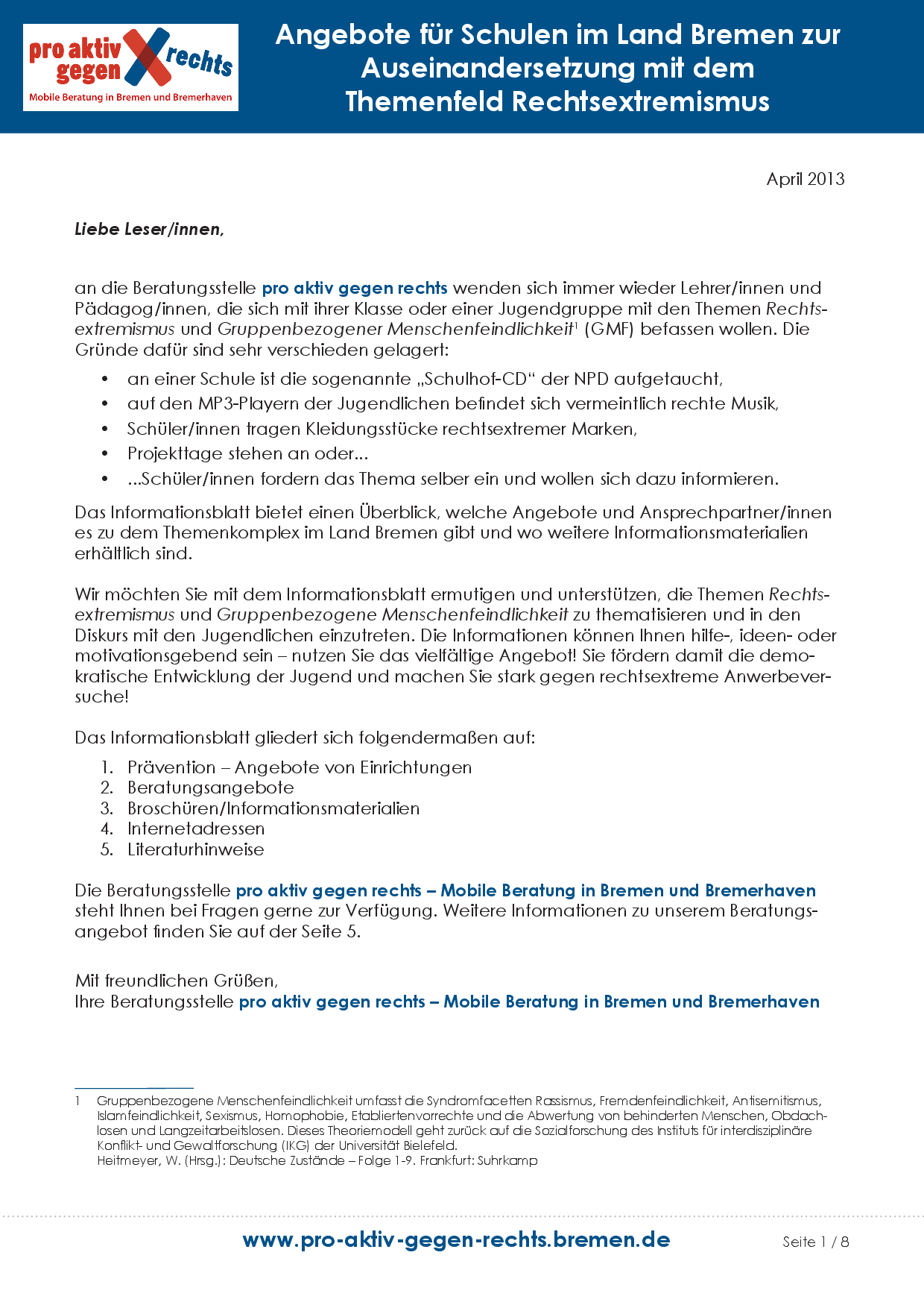 Cover von Angebote für Schulen im Land Bremen zur Auseinandersetzung mit Schüler/innen im Themenfeld Rechtsextremismus
