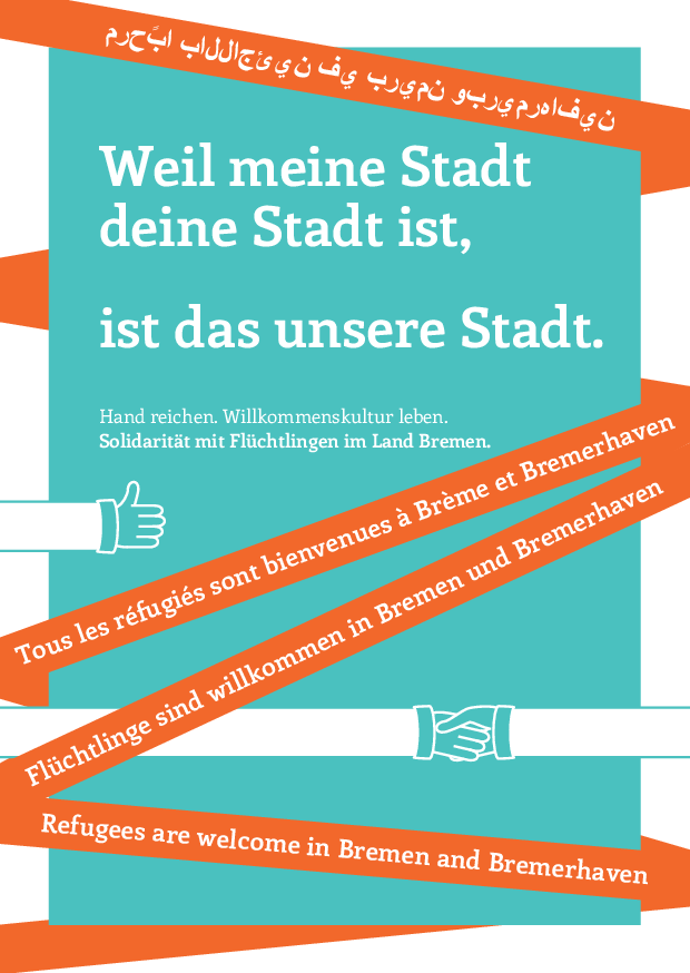 Cover von Weil meine Stadt deine Stadt ist, ist das unsere Stadt. Hand reichen. Willkommenskultur leben. Solidarität mit Flüchtlingen im Land Bremen.