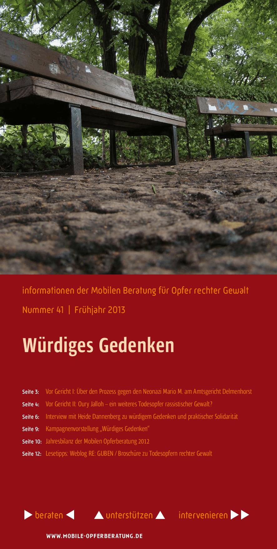 Cover von Würdiges Gedenken. Informationen der Mobilen Beratung für Opfer rechter Gewalt. Nummer 41, Frühjahr 2013