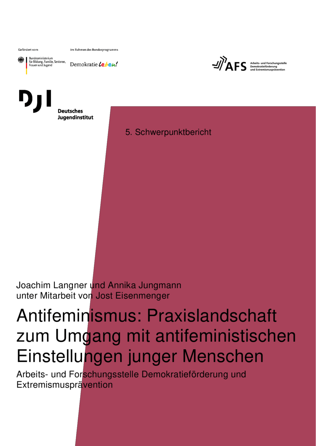 Cover von Schwerpunktbericht. Antifeminismus: Praxislandschaft zum Umgang mit antifeministischen Einstellungen junger Menschen. Arbeits- und Forschungsstelle Demokratieförderung und Extremismusprävention
