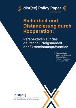 Cover von dist[ex] Policy Paper Nr. 4: Sicherheit und Distanzierung durch Kooperation: Perspektiven auf das deutsche Erfolgsmodell der Extremismusprävention
