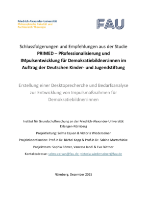 Cover von Schlussfolgerungen und Empfehlungen aus der Studie PRIMED – Professionalisierung und Impulsentwicklung für Demokratiebildner:innen im Auftrag der Deutschen Kinder- und Jugendstiftung