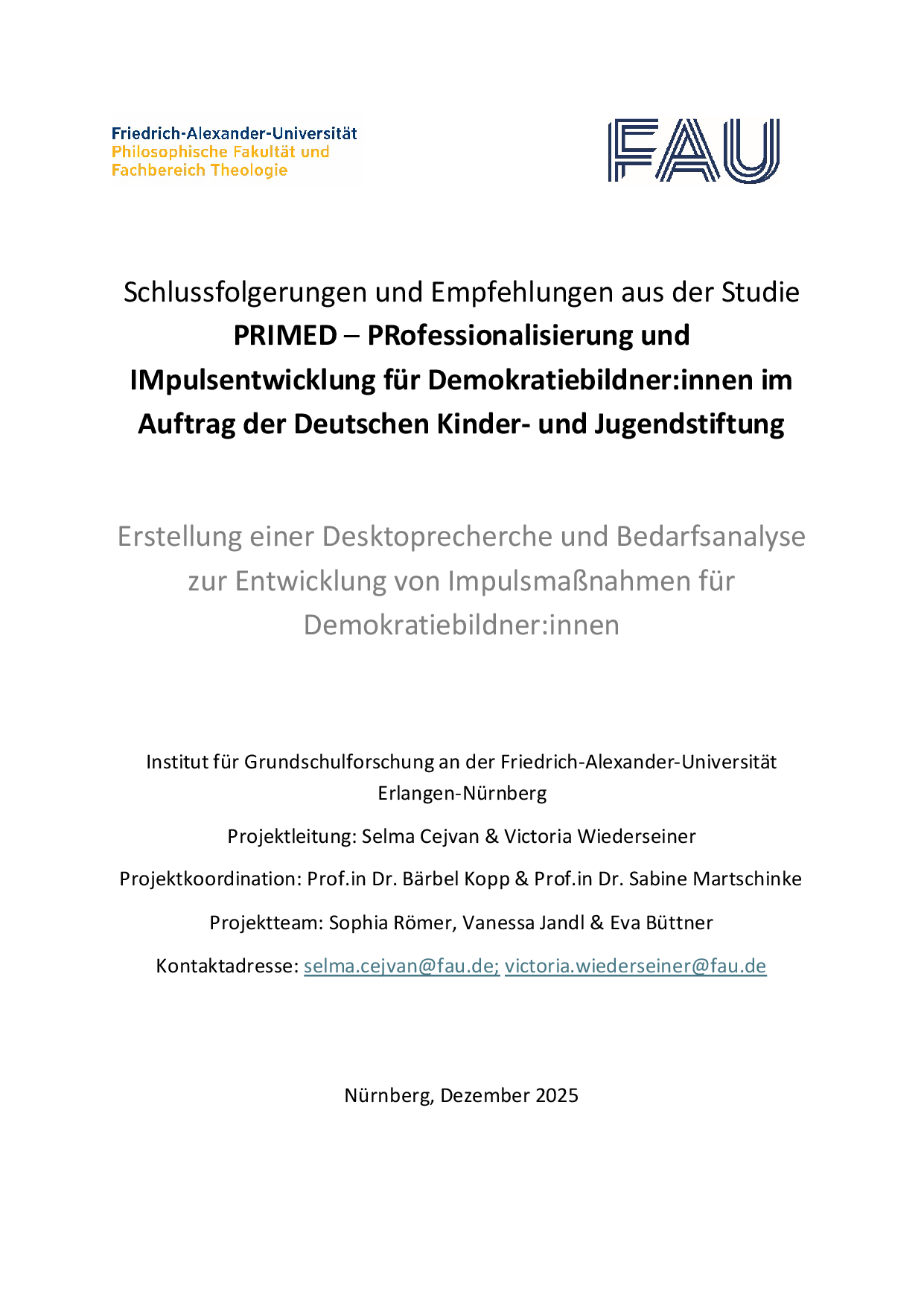 Cover von Schlussfolgerungen und Empfehlungen aus der Studie PRIMED – Professionalisierung und Impulsentwicklung für Demokratiebildner:innen im Auftrag der Deutschen Kinder- und Jugendstiftung
