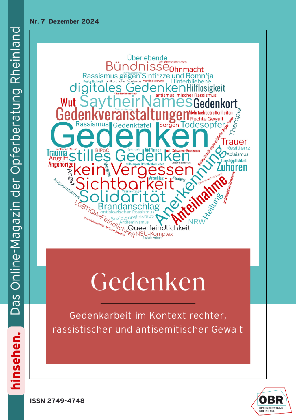 Cover von Hinsehen – Onlinemagazin der OBR, Nr. 7 2024 – Gedenken. Gedenkarbeit im Kontext rechter, rassistischer und antisemitischer Gewalt