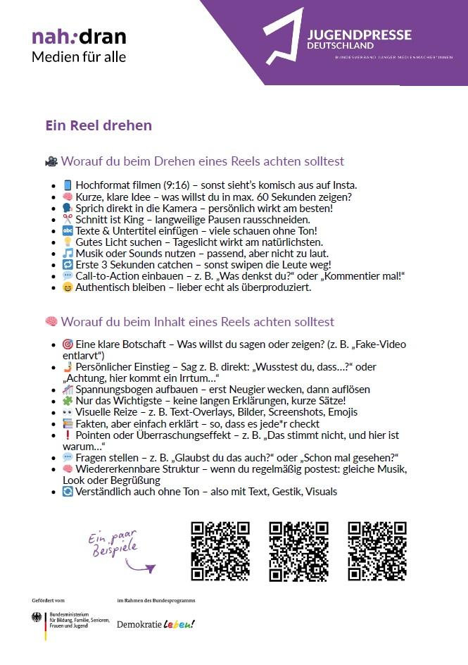 Erste Seite des Handouts nah:dran - Medien für alle als Cover der Publikationen von der Jugendpresse