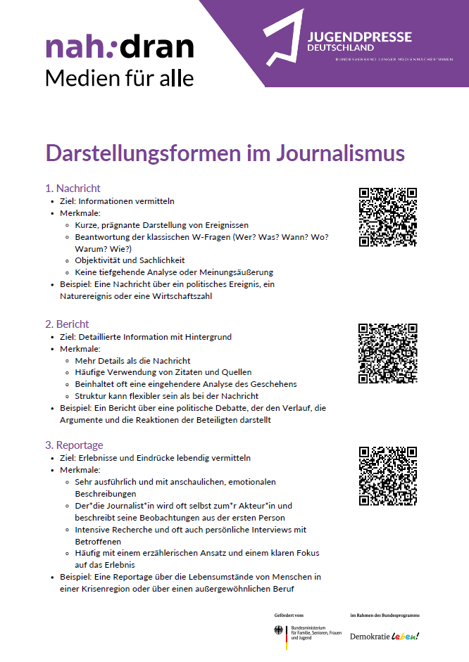 Erste Seite des Handouts des Themas "Darstellungsformen im Journalismus" als Coverbild