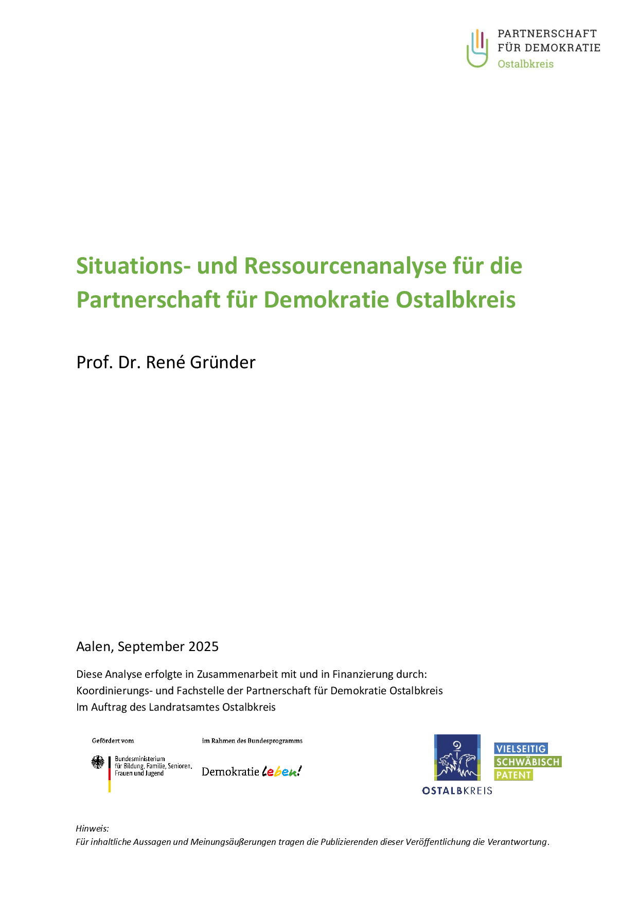 Cover von Situations- und Ressourcenanalyse für die Partnerschaft für Demokratie Ostalbkreis