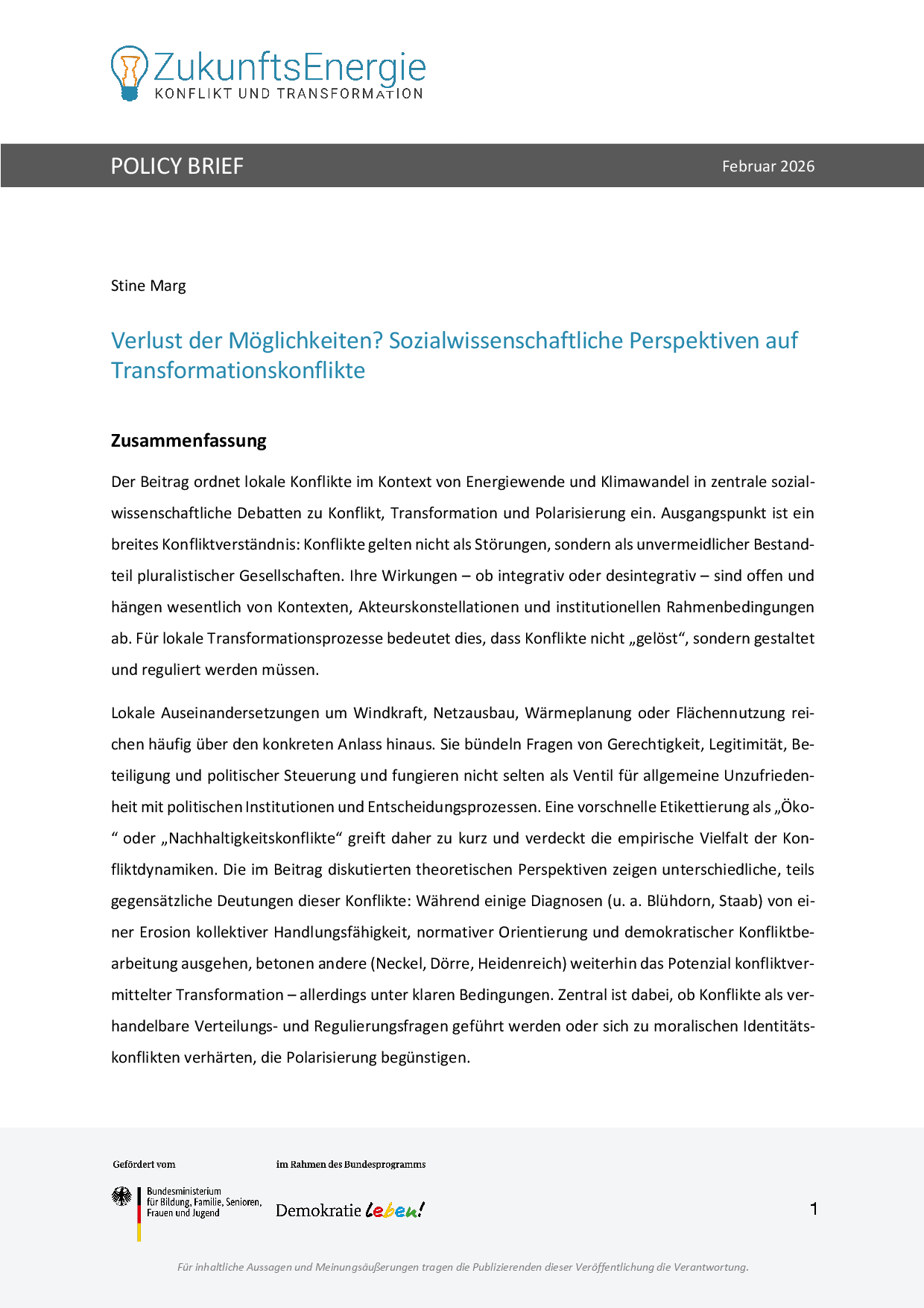 Cover von Verlust der Möglichkeiten? Sozialwissenschaftliche Perspektiven auf Transformationskonflikte