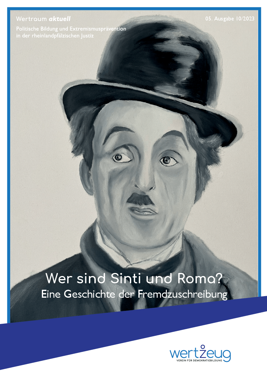 Cover von Wertraum aktuell. Politische Bildung und Extremismusprävention in der rheinlandpfälzischen Justiz. 5. Ausgabe 10/2023: Wer sind Sinti und Roma? Eine Geschichte der Fremdzuschreibung