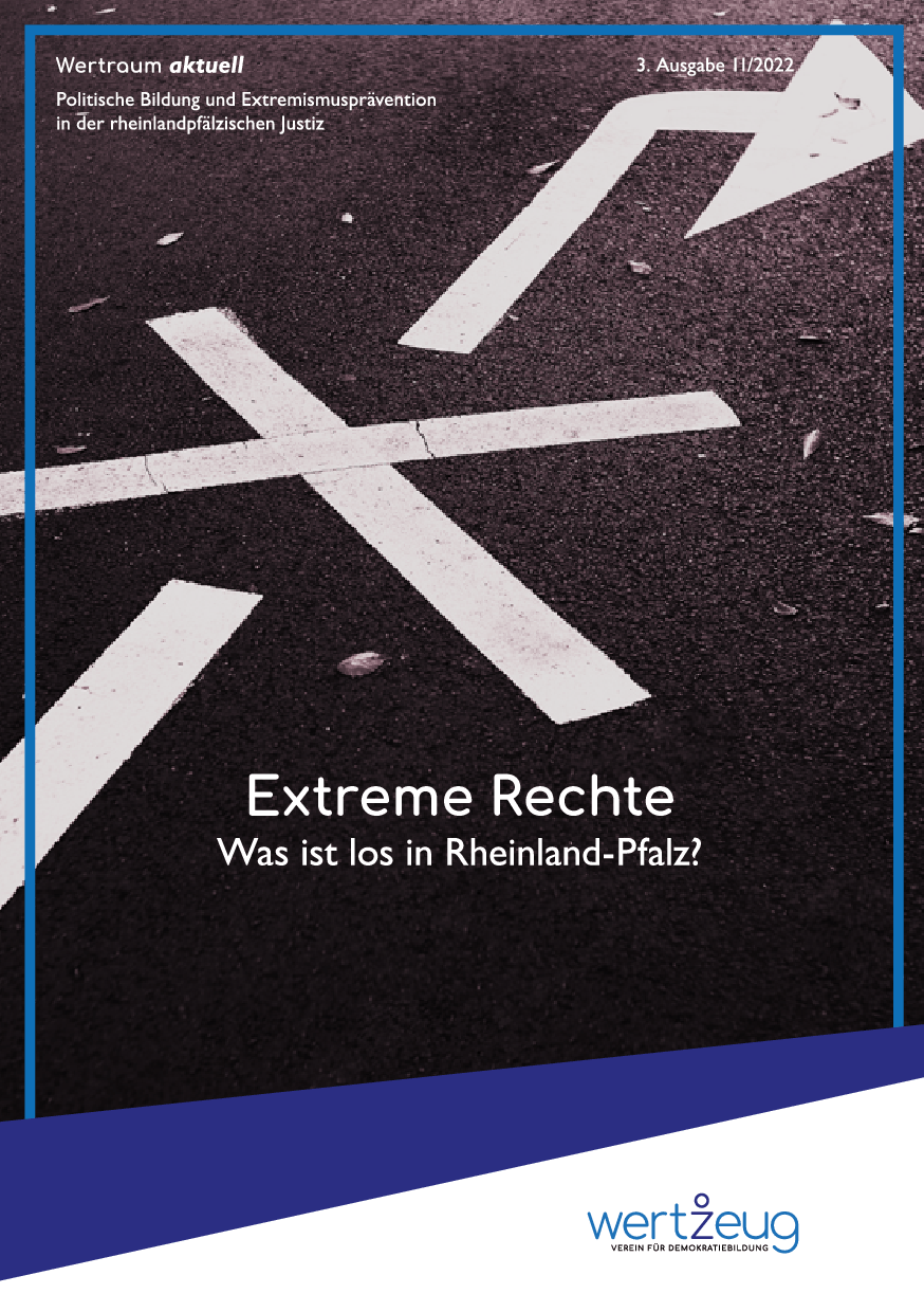 Cover von Wertraum aktuell. Politische Bildung und Extremismusprävention in der rheinlandpfälzischen Justiz. 3. Ausgabe 11/2022: Extreme Rechte. Was ist los in Rheinland-Pfalz?