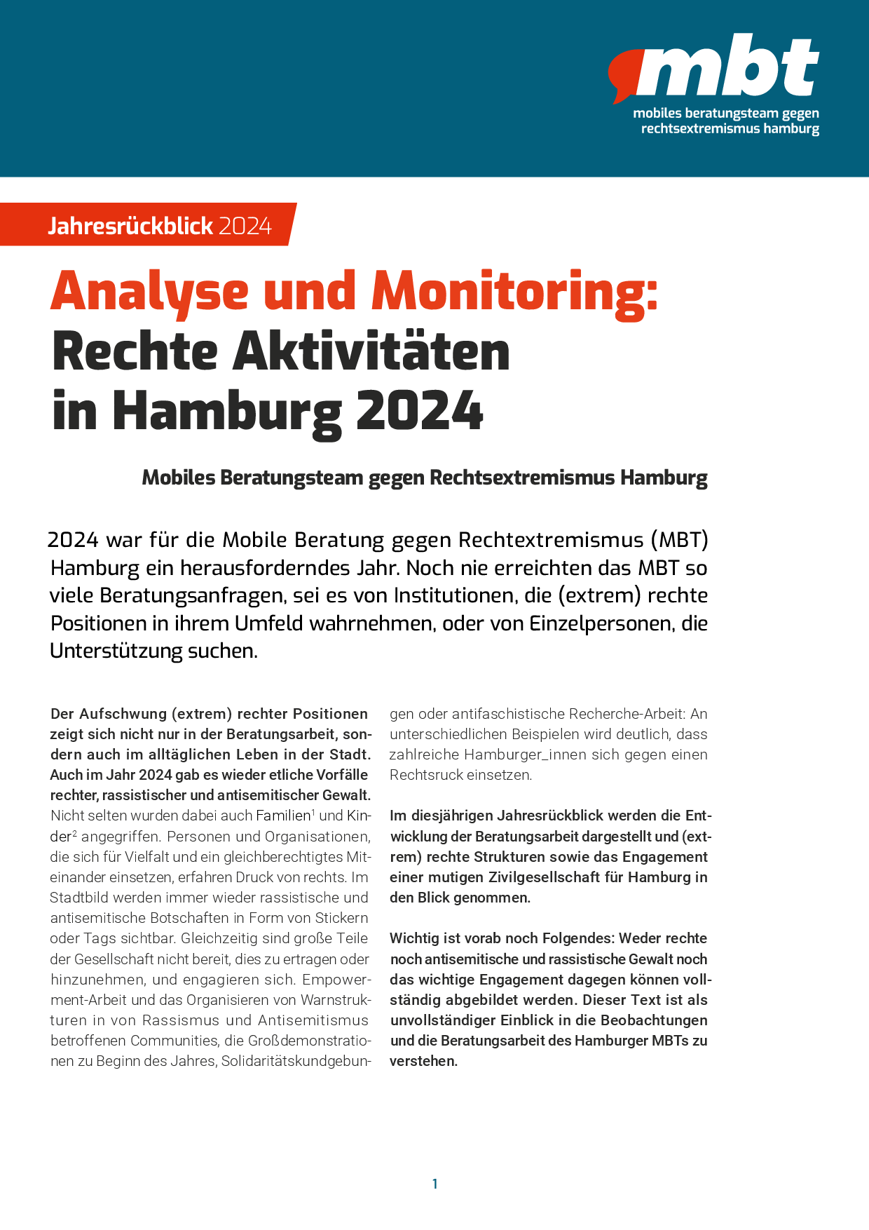 Cover von Jahresrückblick 2024. Analyse und Monitoring: Rechte Aktivitäten in Hamburg 2024