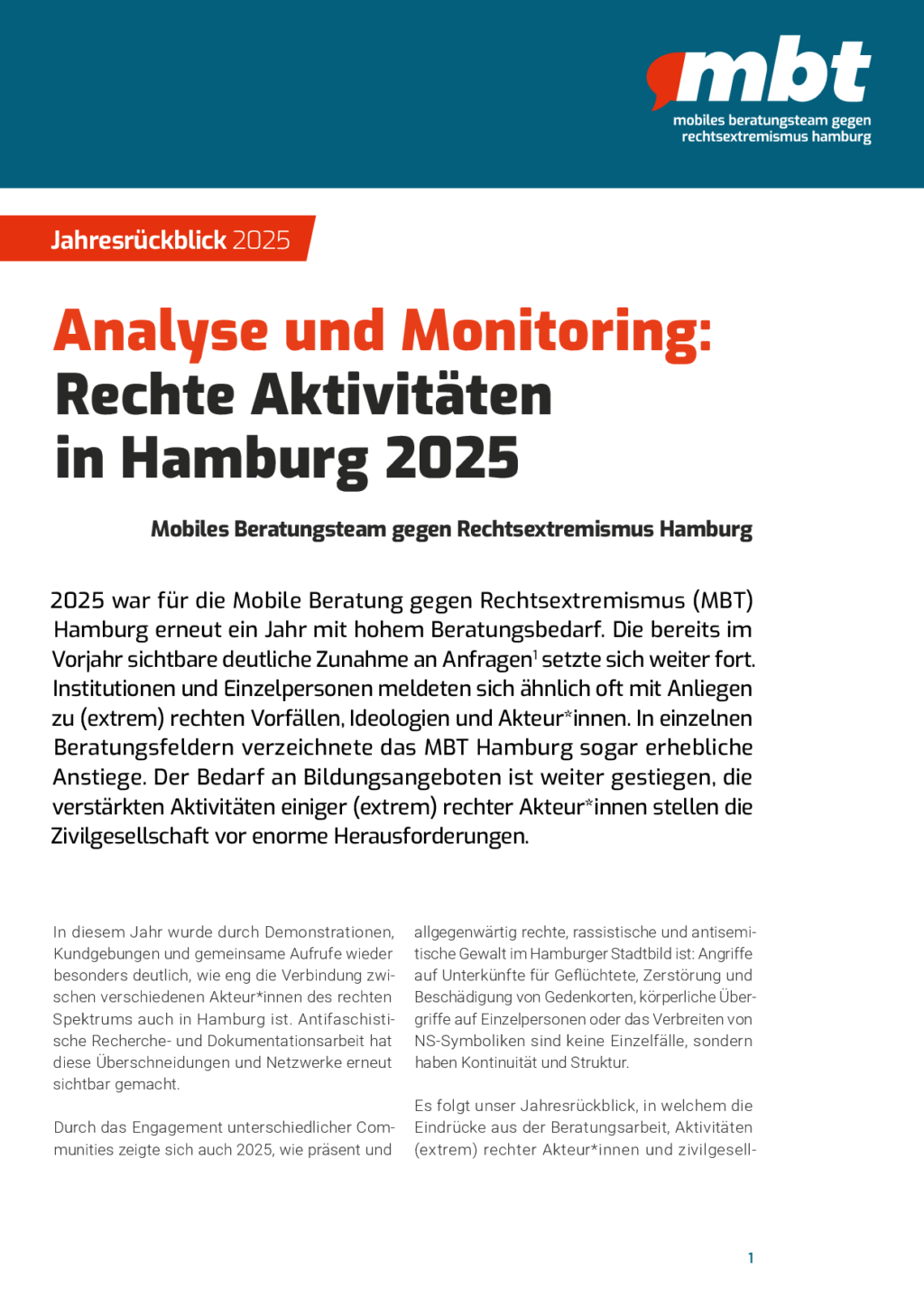 Cover von Jahresrückblick 2025. Analyse und Monitoring: Rechte Aktivitäten in Hamburg 2025