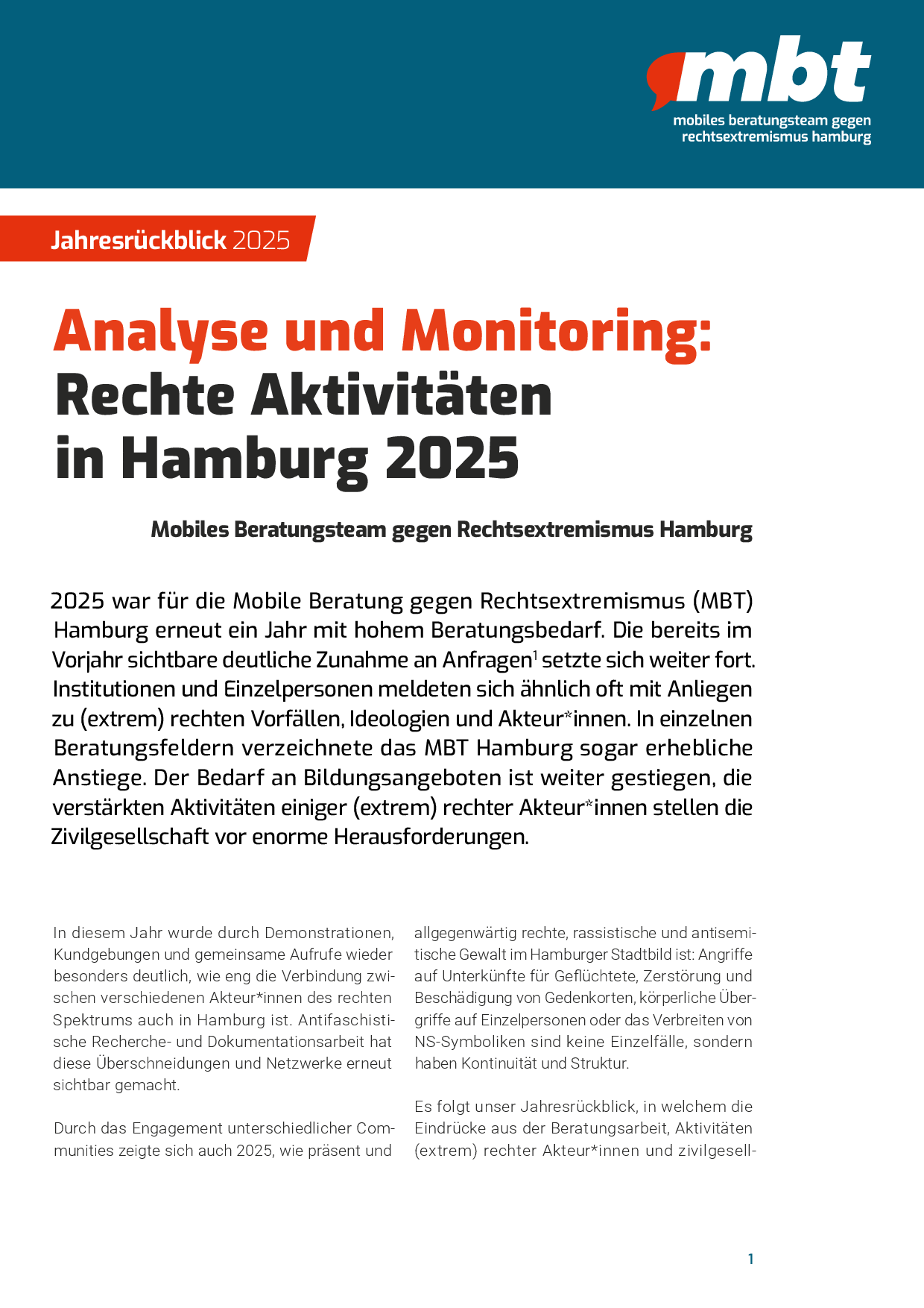 Cover von Jahresrückblick 2025. Analyse und Monitoring: Rechte Aktivitäten in Hamburg 2025