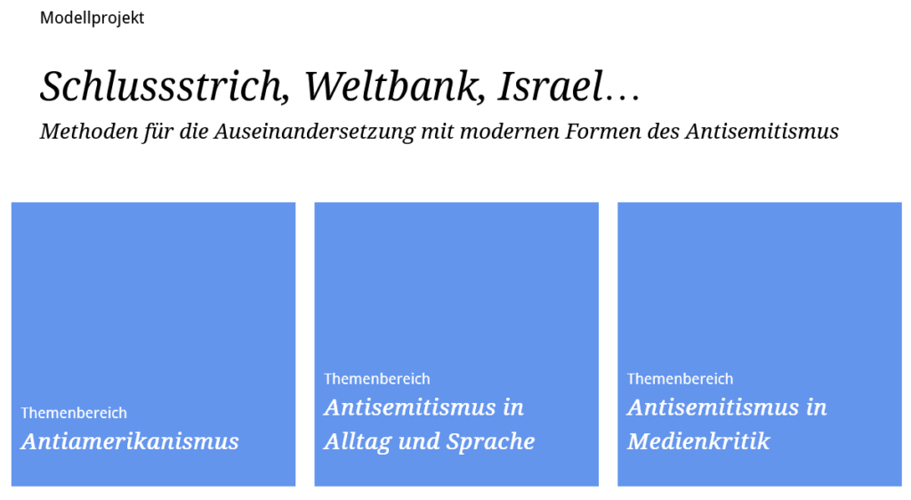 Cover von der Webseite Schlussstrich, Weltbank, Israel… Methoden für die Auseinandersetzung mit modernen Formen des Antisemitismus.