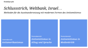 Cover von der Webseite Schlussstrich, Weltbank, Israel… Methoden für die Auseinandersetzung mit modernen Formen des Antisemitismus.